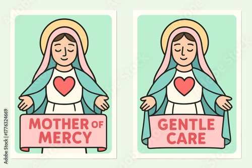 Mother of Mercy Banners. Mother of Mercy. Two vertical A6 banners with safe margins, centered composition, no elements touching edges, cartoon, pastel mint and