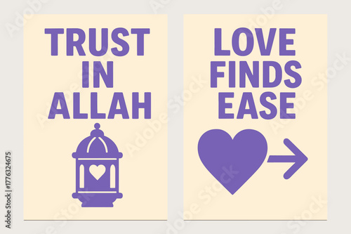 Trust and Ease Banners. Tawakkul in Love. Two vertical A6 banners with safe margins, centered composition, no elements touching edges, bold, lavender and