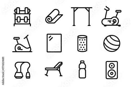 Home Gym Icons. Home Gym. Line icon set of Home Gym: dumbbell rack, yoga mat, pull-up bar, exercise bike, treadmill, wall mirror, foam roller, gym ball,