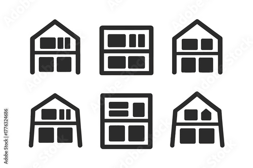 Attic Storage Iconography. Reorganizing the attic for more storage. Set Logo of neatly arranged shelves: Symmetrical form, Minimal outline, Stylized detail,
