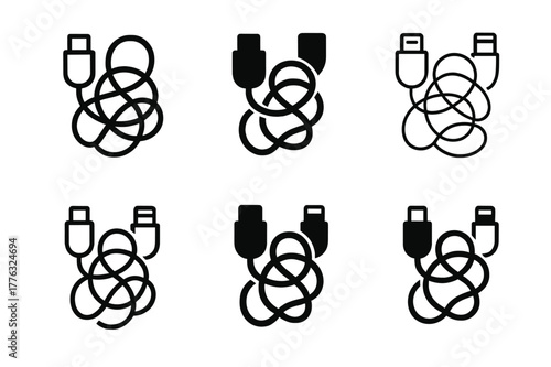 Charging Cable Chaos. Charging cable mess. Set Logo of Charging cable mess: USB-C and lightning tangle. harmonious logo variations of the same emblematic
