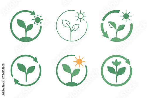 Photosynthesis Icon Set. How plants make their food. Icon set. Set Logo of how plants make their food: photosynthesis cycle arrows. harmonious logo variations