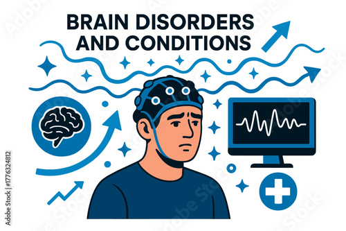EEG Neuro Visualization. Brain disorders and conditions. Patient wearing EEG cap with abstract floating neural waves, arrows, and sparkles;