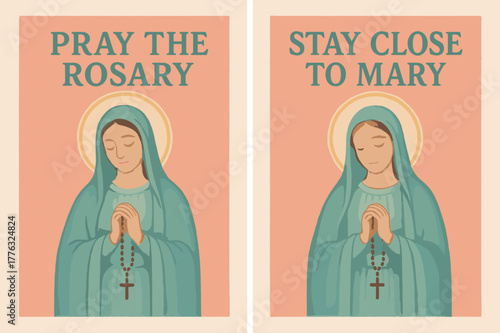 Rosary Banner Designs. Our Lady of the Rosary. Two vertical A6 banners with safe margins, centered composition, no elements touching edges, pastel, coral and