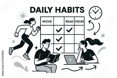 Habit Tracker Artistry. Vision Board ? Daily Habits. A neat habit grid with checkmarks gliding across; labels ?Move, Read, Focus?. A minimal clock and arrow