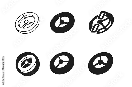 Space Habitat Logos. The future of space habitats and long-term space travel. Set Logo of rotating space station ring: Minimal outline, Filled silhouette,