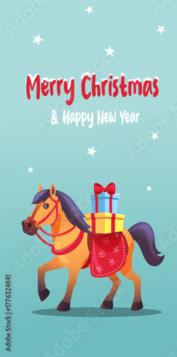 A cute brown horse illustration with a festive Christmas theme