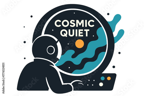 Astronaut's Cosmic View. Astronaut Window View. A helmeted silhouette gazes through a round viewport; ?Cosmic Quiet? floats over drifting nebula smoke. Panel