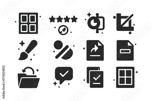 Editorial Icon Set. Editorial Selection and Post. Solid icons set of Editorial Selection and Post: contact sheet, rating stars, color grading, crop tool,