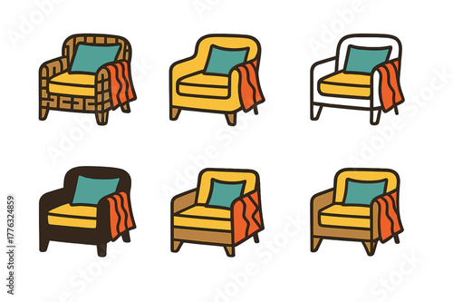 Colorful Garden Logos. Adding colorful outdoor cushions and throws to a garden seating area. Set Logo of wicker armchair: deep seat with lumbar pillow. Icon