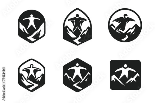 Wingsuit Logo Variations. Wingsuit flying. Set Logo of Wingsuit flying: flyer slicing through valley. harmonious logo variations of the same emblematic