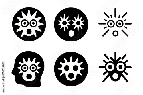 Startled Face Logos. Startled face. Set Logo of Startled face: starburst around eyes. harmonious logo variations of the same emblematic concept, each with