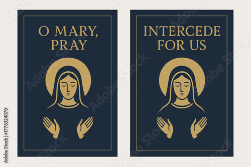 Marian Prayer Banners. Marian Intercession. Two vertical A6 banners with safe margins, centered composition, no elements touching edges, minimal, navy and