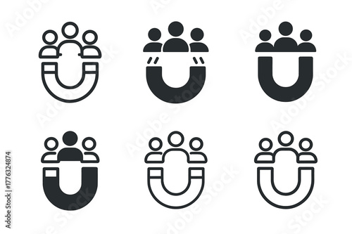 Marketing Logo Variations. Audience in marketing. Set Logo of Audience in marketing: magnet attracting user symbols. Icon set. harmonious logo variations of