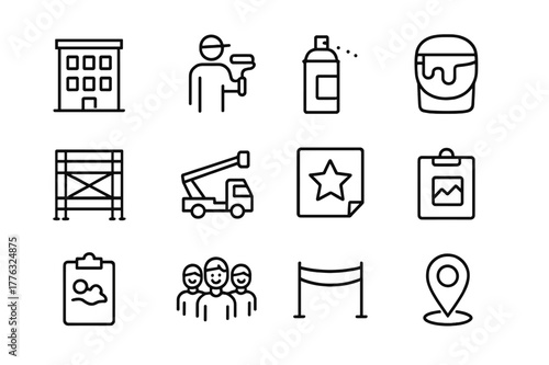 City Mural Icons. City Mural Painting Events. Line icon set of City Mural Painting Events: city wall facade, artist with roller, spray can, paint bucket,