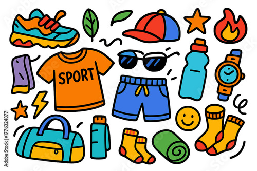 Colorful Sportswear Doodle. Sportswear. Colorful Hand-drawn doodle Children illustration Sportswear sneakers, t-shirt, shorts, cap, socks, water bottle, watch,