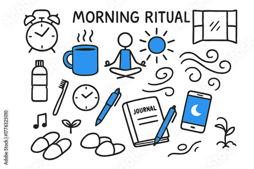 Morning Ritual Icons. // Morning ritual. Hand-drawn doodle illustration morning ritual [alarm clock, steaming mug (accented), yoga pose stick figure