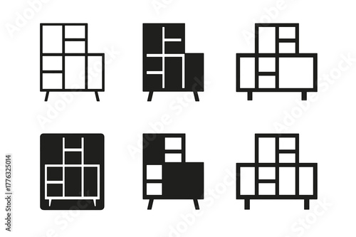 Modular Storage Icons. Customizable home storage solutions. Icon set. Set Logo of customizable home storage solutions: modular shelving unit. harmonious logo