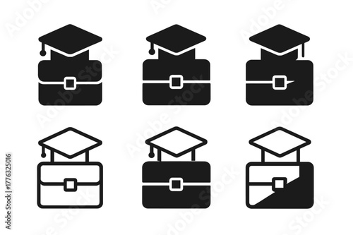 Encore Career Icons. Encore careers (second careers after retirement). Set Logo of graduation cap atop briefcase: Iconic shape, Stylized detail, Filled