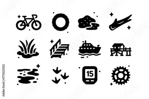 Gravel Cycling Icons. Gravel cycling near the shoreline. Solid icons set of Gravel cycling near the shoreline: gravel bike, wide tires, sand patch, driftwood,