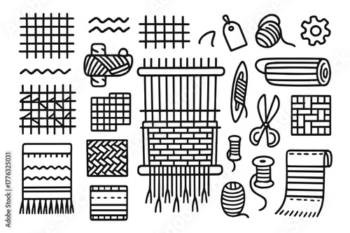 Woven Fabrics Icons. Woven fabrics. Hand-drawn doodle illustration woven fabrics loom, yarn, shuttle, warp threads, pattern grid, scissors, spool, stripe