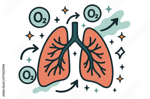 Lungs and Oxygen Flow. Oxygen. Human lungs with abstract floating oxygen molecules, arrows, and sparkles; conveys respiration, life, and biology. Modern flat