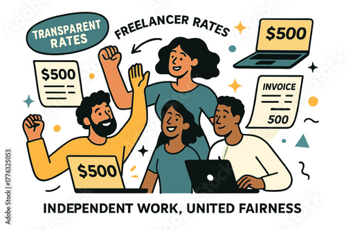 Equal Freelancer Rates. Freelancer rate equality. Laptops and invoices hover with matching amounts; sticker reads ?Transparent Rates.? Independent work, united