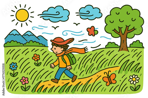 Windy Meadow Adventure. windy meadow. Colorful Hand-drawn doodle Children illustration windy meadow person, tall grass, wind, mountain, clouds, sun, birds,
