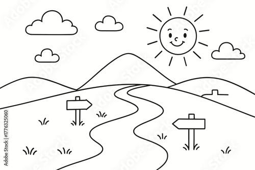 Sunny Pilgrimage Path. Pilgrimages and spiritual travel children?s coloring book illustration, outlined drawing, a friendly path winding toward a distant hill
