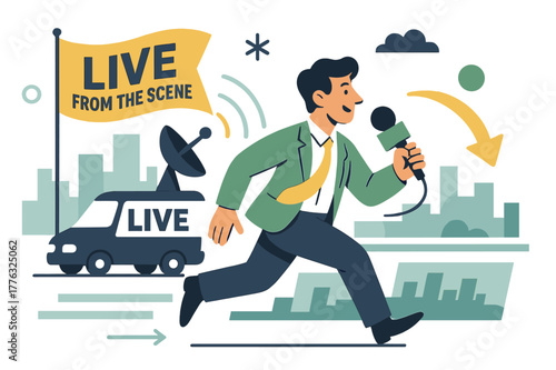 Dynamic City Report. Remote field report. A reporter holds a portable mic as signal waves leap from a tiny van; ?Live from the scene? flags flutter. City