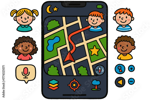 Colorful Smartphone Navigation UI. Smartphone navigation UI. Colorful Hand-drawn doodle Children illustration Smartphone navigation UI smartphone frame, home
