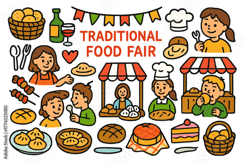 Vibrant Food Fair. Traditional food fair. Colorful Hand-drawn doodle Children illustration Traditional food fair food stalls, plates, dumplings, skewers,