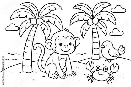 Animals by Palm Trees. Animals under the palms children?s coloring book illustration, outlined drawing, a monkey, bird, and crab resting near two palm trees by