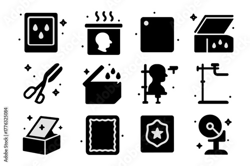 Daguerreotype Icons Set. Daguerreotype Process. Solid icons set of Daguerreotype Process: iodine plate, mercury vapors, silvered copper plate, sensitizing box,