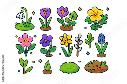 Spring Flora Icons. Early spring flora. Colorful isometric vector icons set of Early spring flora: snowdrop, crocus, primrose, hellebore, violet, daffodil,