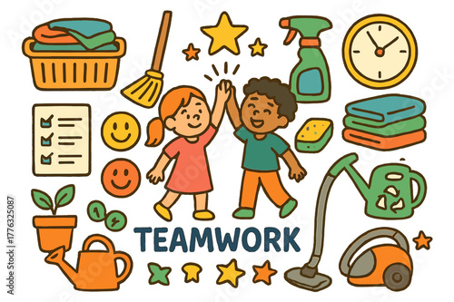 Teamwork Chore Icons. Teamwork chores. Colorful Hand-drawn doodle Children illustration Teamwork chores laundry basket, broom, dustpan, spray bottle, folded