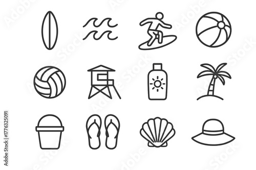 Surfing Icon Set. Surfing and beach sports. Line icon set of surfing and beach sports: surfboard, waves, surfer, beach ball, volleyball, lifeguard tower,