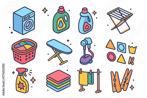 Laundry Icons Set. Laundry and garment care. Colorful isometric vector icons set of Laundry and garment care: washing machine, detergent bottle, fabric