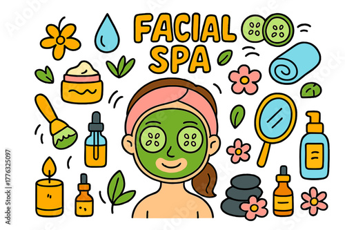 Colorful Spa Doodle. facial spa. Colorful Hand-drawn doodle Children illustration facial spa face mask, cucumber slices, headband, towel, cream jar, brush,