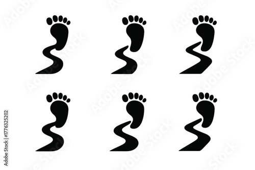 Footprint Trail Logo. Embracing solitude and personal time. Set Logo of single footprint on trail: Abstract geometric, Iconic shape, Flat solid, Minimal