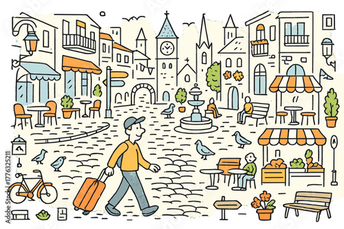 Charming Historic Stroll. Old town stroll. Hand-drawn doodle illustration person walking (colored), cobblestone street (colored), historic buildings (colored),