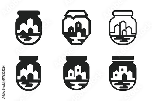 Urban Beekeeping Logos. Suburban beekeeping with urban landscapes. Set Logo of Suburban beekeeping with urban landscapes: honey jar silhouette with city