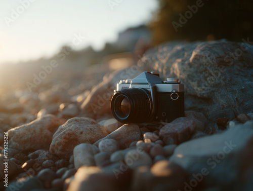 Vintage analog camera on rocky beach at sunset or sunrise, concept of nostalgia