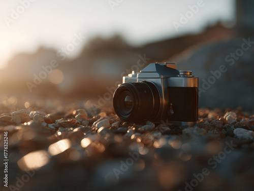 Vintage analog camera on rocky beach at sunset or sunrise, concept of nostalgia