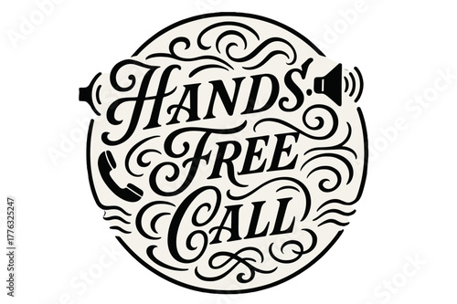 Ornamental Flourished Calligraphy. Flourish Lettering ? "Hands-Free Call" in classic ornamental flourish lettering, medium-thick swashes resembling sound waves