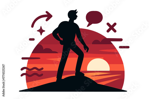 Silhouette at Sunset. Silhouette in sunset. A lone figure stands on a ridge as the sun melts into bands; ?Golden hour? curls across the horizon. Long shadows