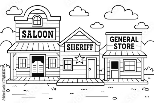 Western Town Coloring. Western town children?s coloring book illustration, outlined drawing, small wooden buildings with a saloon, sheriff?s office, and