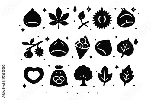 Chestnut Icon Collection. Chestnut. Solid icons set of Chestnut: whole chestnut, cracked chestnut, chestnut leaf, burr husk, branch twig, roasted chestnut,