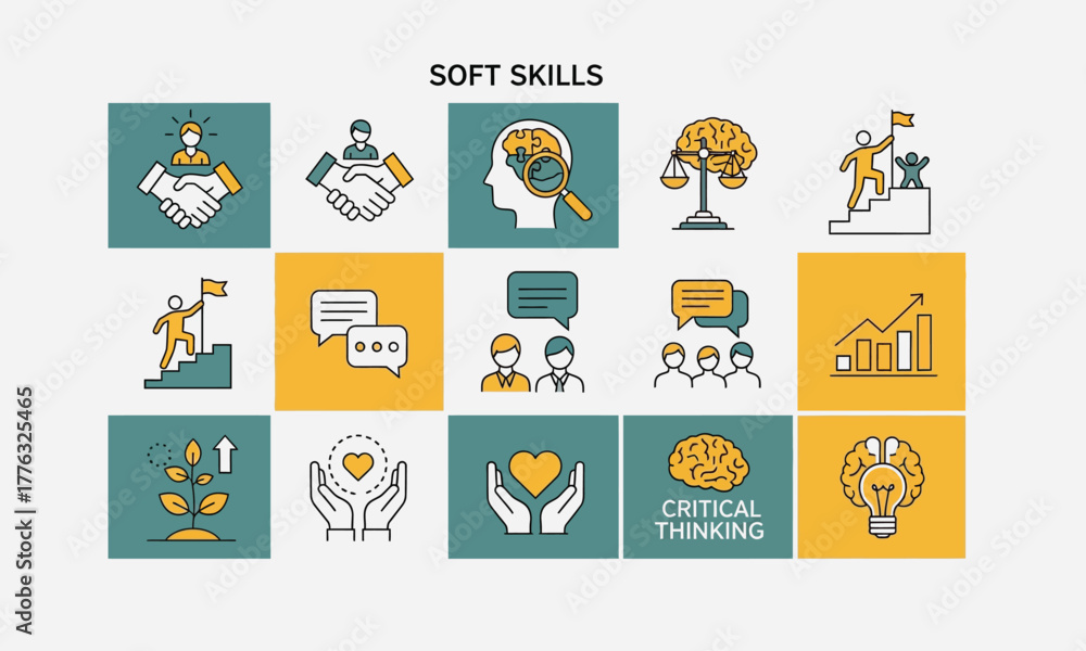 Fototapeta premium Modern collection of line icons illustrating essential soft skills for business success, teamwork, and personal development
