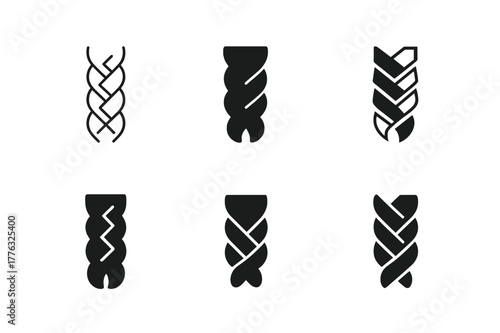 Braid Logo Variations. Hairstyle step-by-step guide poster. Set Logo of hairstyle step-by-step guide poster: braid sequence diagrams. Icon set. harmonious logo